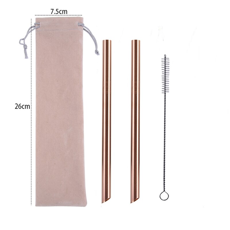 2Pcs Metall Wies Ende Stroh + 1Pc Pinsel Regenbogen Trinkhalme Wiederverwendbare Strohhalme 12mm * 215MM mit Tragbaren Box Oder Tasche: Beige Bag Rose Gold
