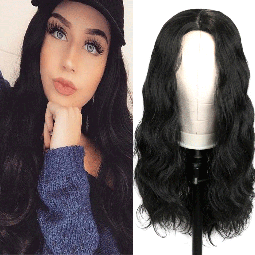 Wignee longo ondulado fibra azul perucas sintéticas parte média resistente ao calor para cabelo natural feminino diário/festa/cosplay party perucas: #1B
