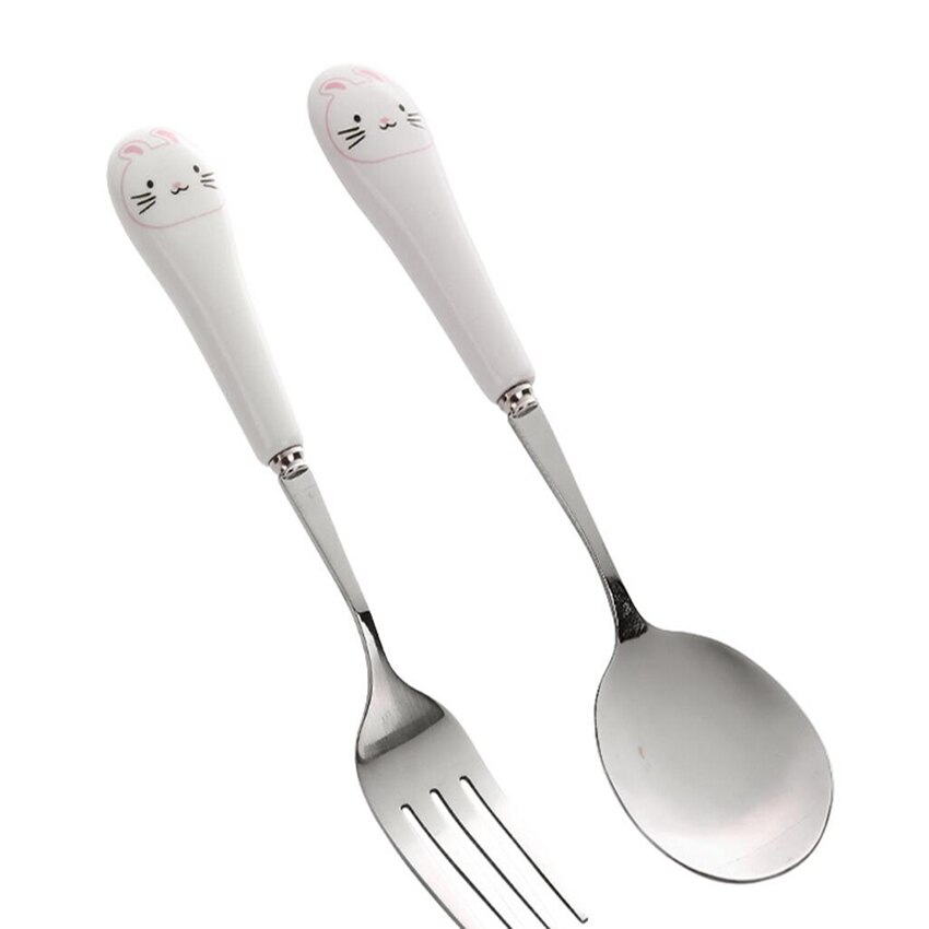 1pc tecknad söt kattgaffel rostfritt stål långt handtag omrörningssked fruktgaffel kaffesked keramiskt handtag