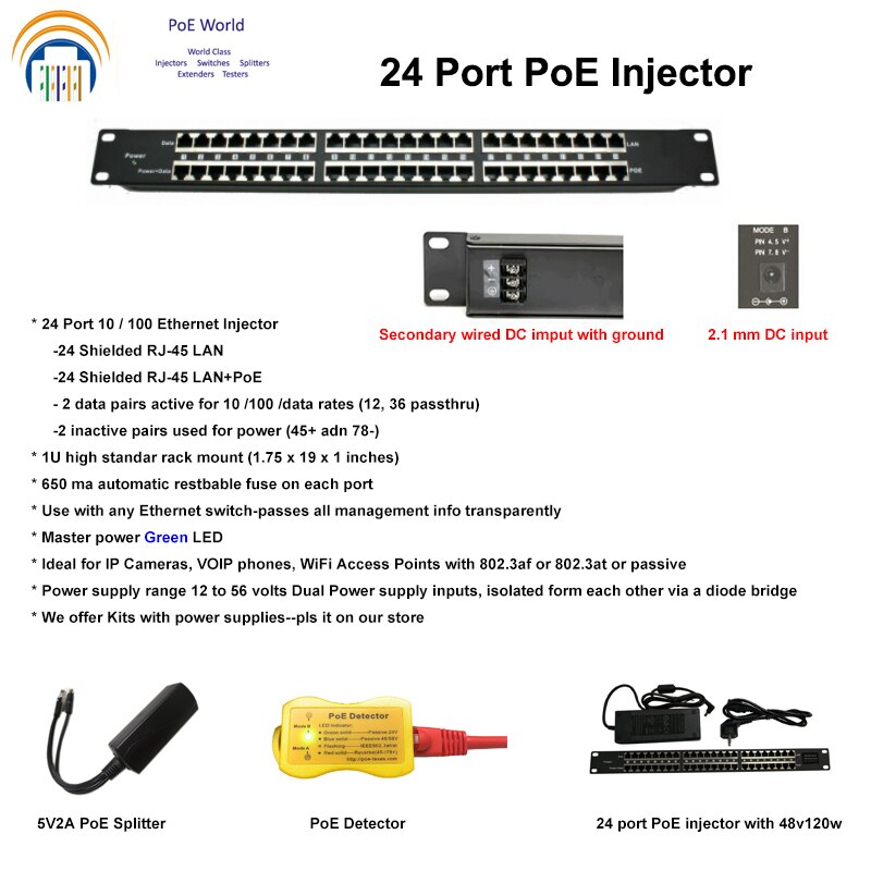 Passive PoE injector 24 Port Mid-span POE Patch Panel, Rack mount PoE Injector powered up to 24 IP Cameras CCTV Security camera