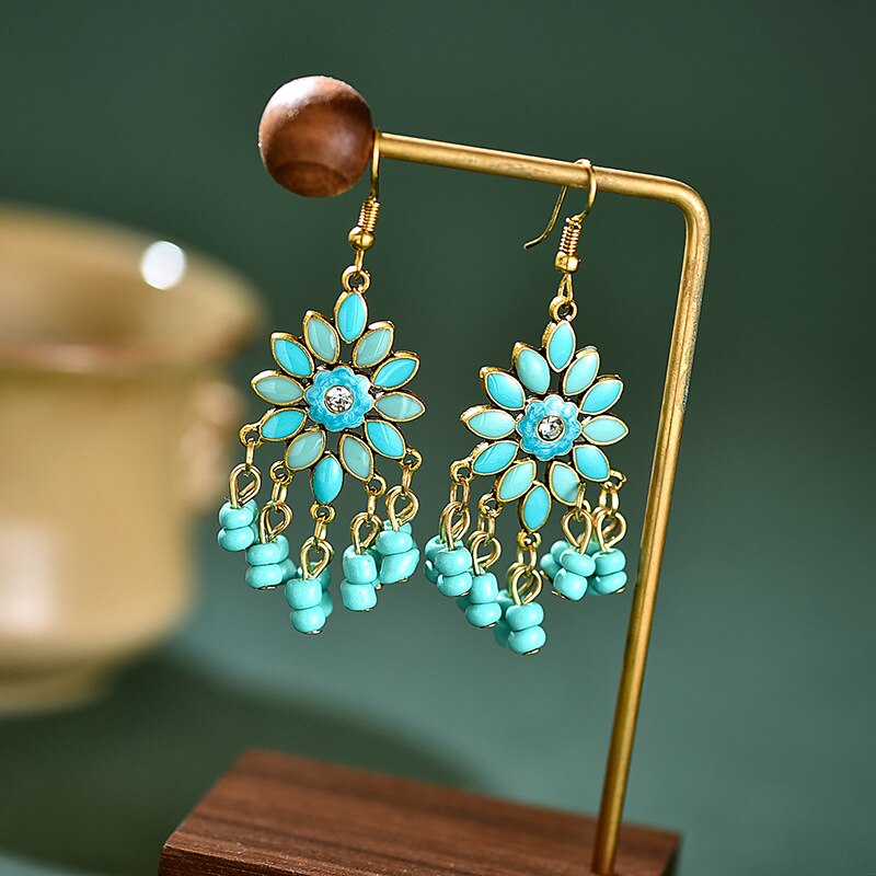 Bohemian Ethnic Flower Ladies Earrings for Women Boho Vintage Alloy Carved Beads Tassel Dangle Earrings Indian Jewelry: E1949-2 Blue