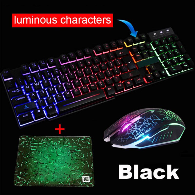 Wired LED Backlit Multimedia Ergonomic Usb Gaming Keyboard Mouse Combo Illuminated Optical Gamer Mouse Sets + Mouse Pad: Black