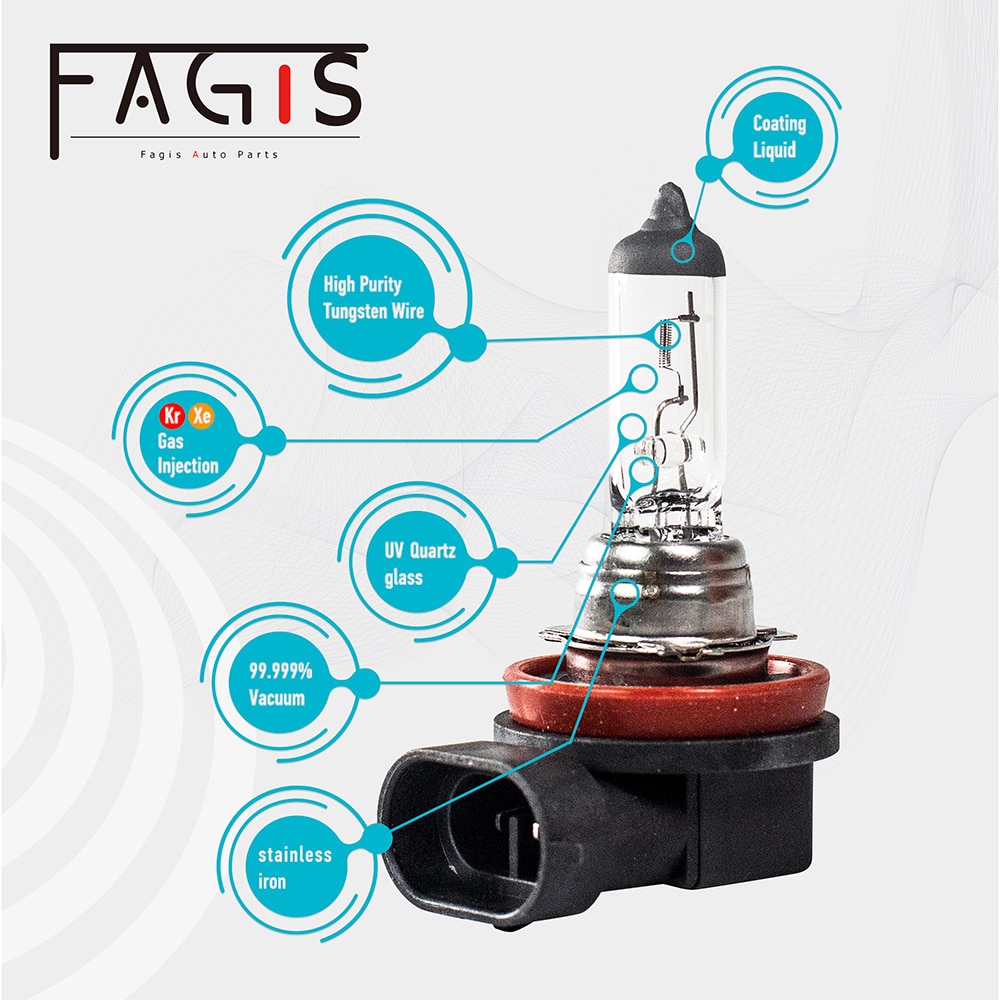 Fagis 2PCS Longlife H16 Halogen Bulb 12V 19W PGJ19-3 Base 3350K Car Fog Lights Clear Quartz Glass Auto HeadLight Lamp