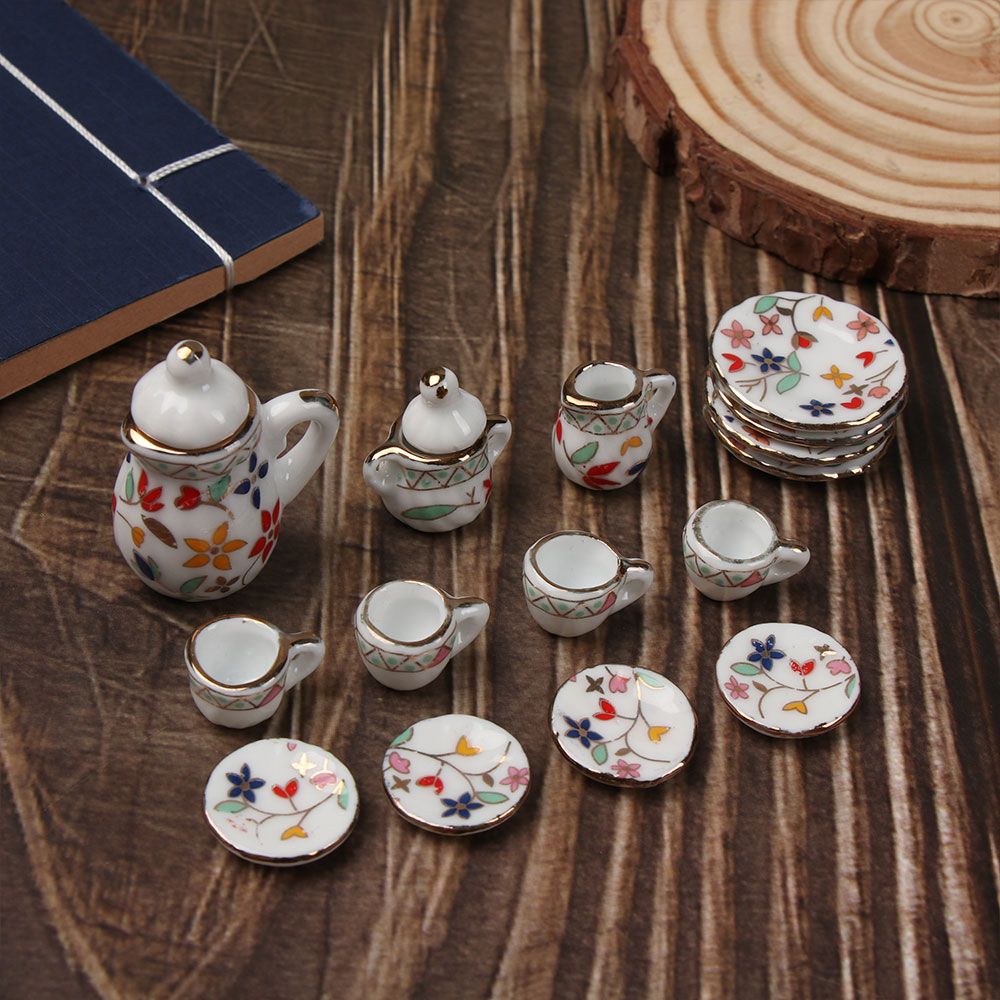 15Pcs 1:12 Miniatuur Porselein Thee Cup Set Sits Bloem Servies Keuken Poppenhuis Meubels Speelgoed Voor Kinderen Theepot Diy Speelgoed