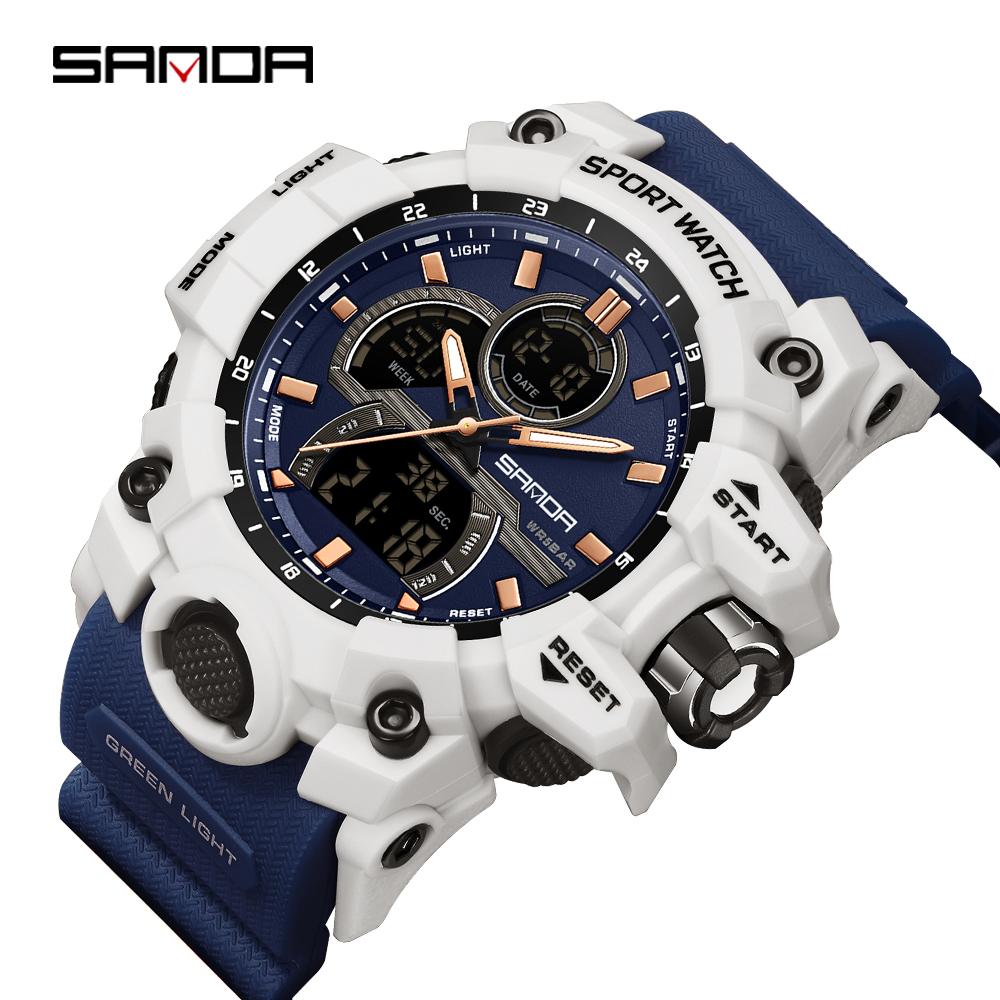 SANDA-reloj electrónico con luz nocturna para hombre, cronógrafo multifuncional con pantalla Dual, resistente al agua, Ideal para deportes al aire libre, a la , 6198, 2024: Rojo