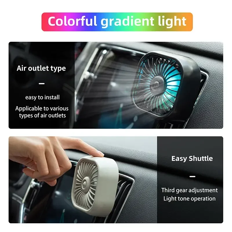 Portable Car Air Outlet USB Fan Low Noise Powerful Cooler 3-Speed ​​Adjustable Car Mini Fan with Light for Truck CarSUV
