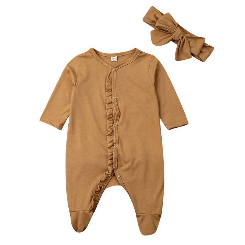 Emmababy 2PCS Newborn Kids Infant Baby Boy Girl Long Sleeve Cotton Button Romper Jumpsuit Headband Clothes Outfit Autumn: YELLOW / 6M