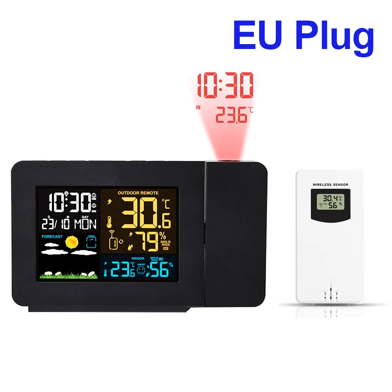 Elektronische Projektionsuhr, Wetterstation, Wettervorhersage, Temperatur und Luftfeuchtigkeit, Farbbildschirm, digitaler Wecker