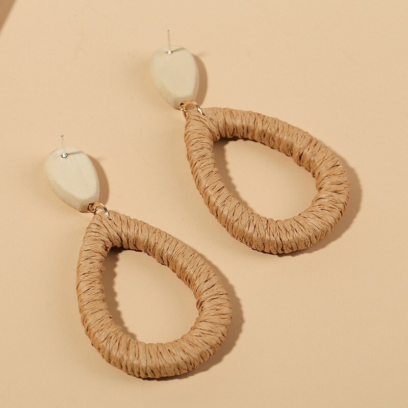 Ladies Boho Handmade Water Shape Vine Rattan Straw Woven Dangle Earrings For Women Bohemian Wooden Earring Jewelry