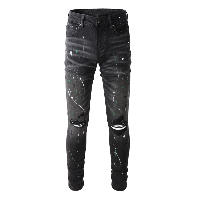 hoch Straße Männer Jeans Schwarz Elastische Dünne Zerstört Zerrissenen Jeans Männer Stern Patch Hüfte hüpfen Denim Punk hosen: 34(W34 Zoll)
