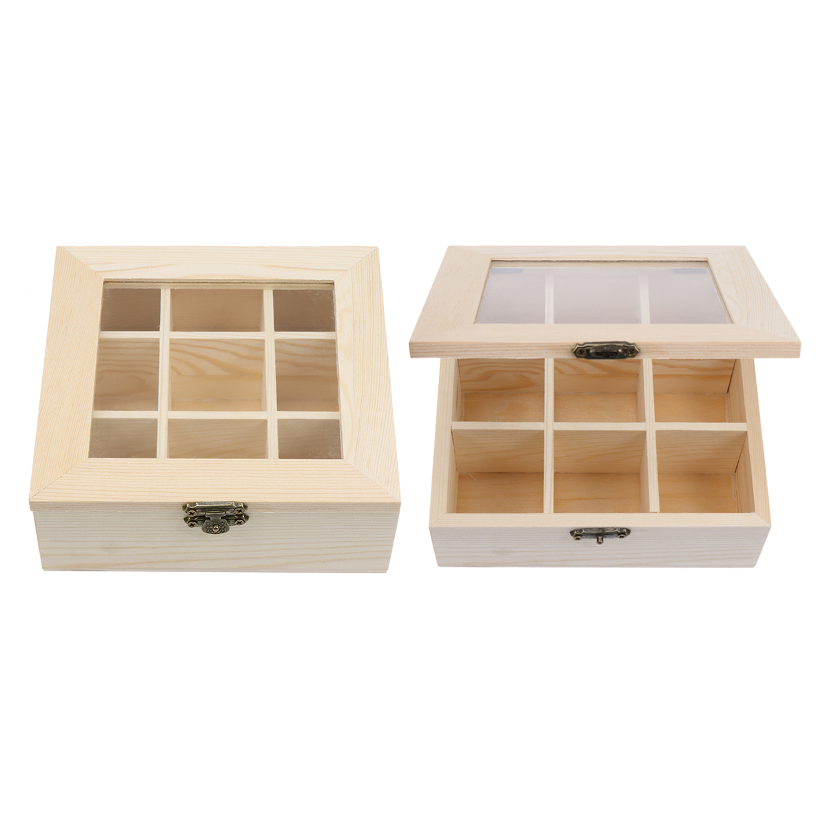 Coffee Storage Box Organizer Wooden Tea Box with 9-Compartment and Glass Window Tea Coffee Display Case Tea Bag Chest Letters