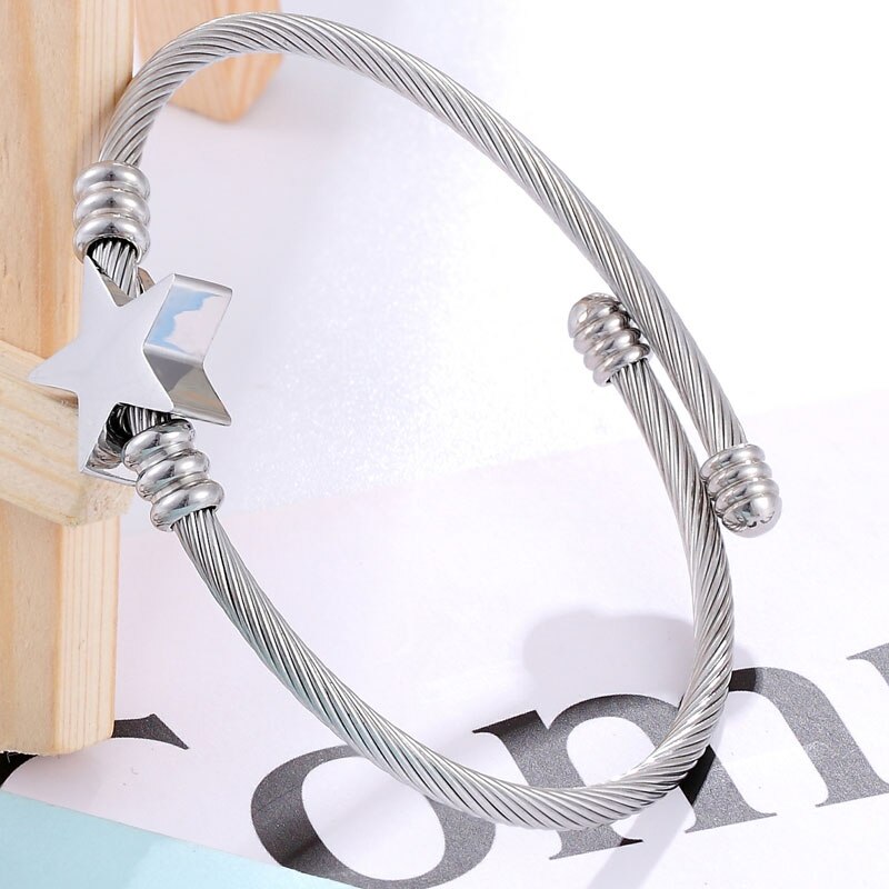 Cute Star Shape Bangle Adjustable Size Bracelet Stainless Steel Twisted Cable Wire Jewelry Women Love: Silver