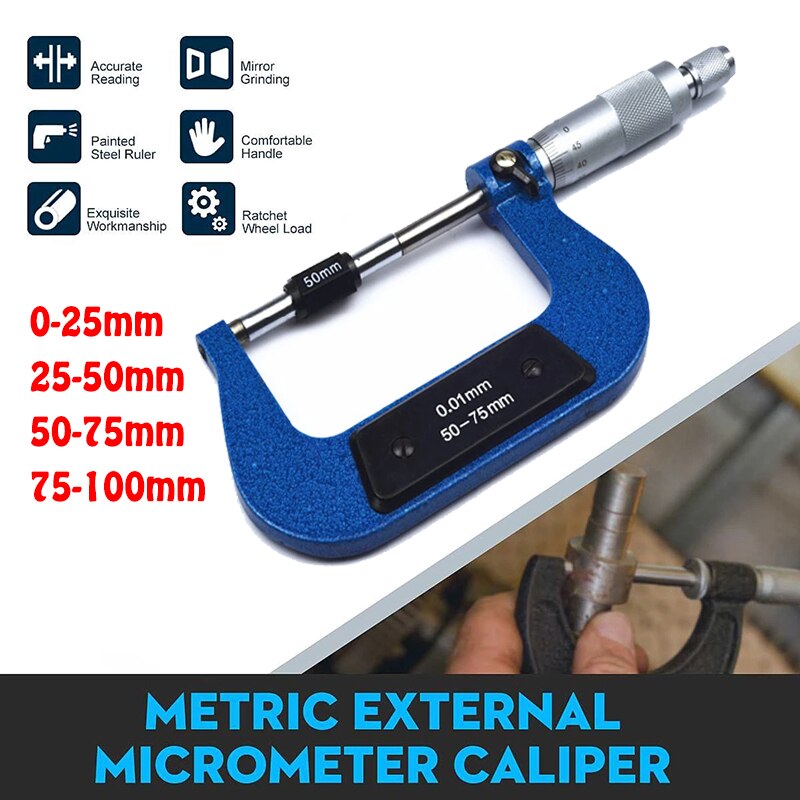 Calibrador Vernier métrico de 0-25mm/25-50mm/50-75mm/75-100mm, 0,01mm, para herramientas de medición, azul y verde, 1 ud., micrómetro exterior