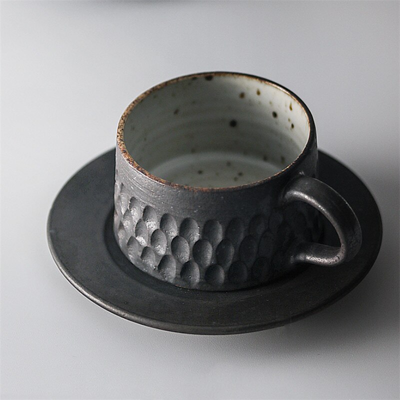 Handmade Ceramic Coarse Pottery Espresso Coffee Cup with Saucer Set Simple Office Milk Yogurt Mug Teacup Drinkware