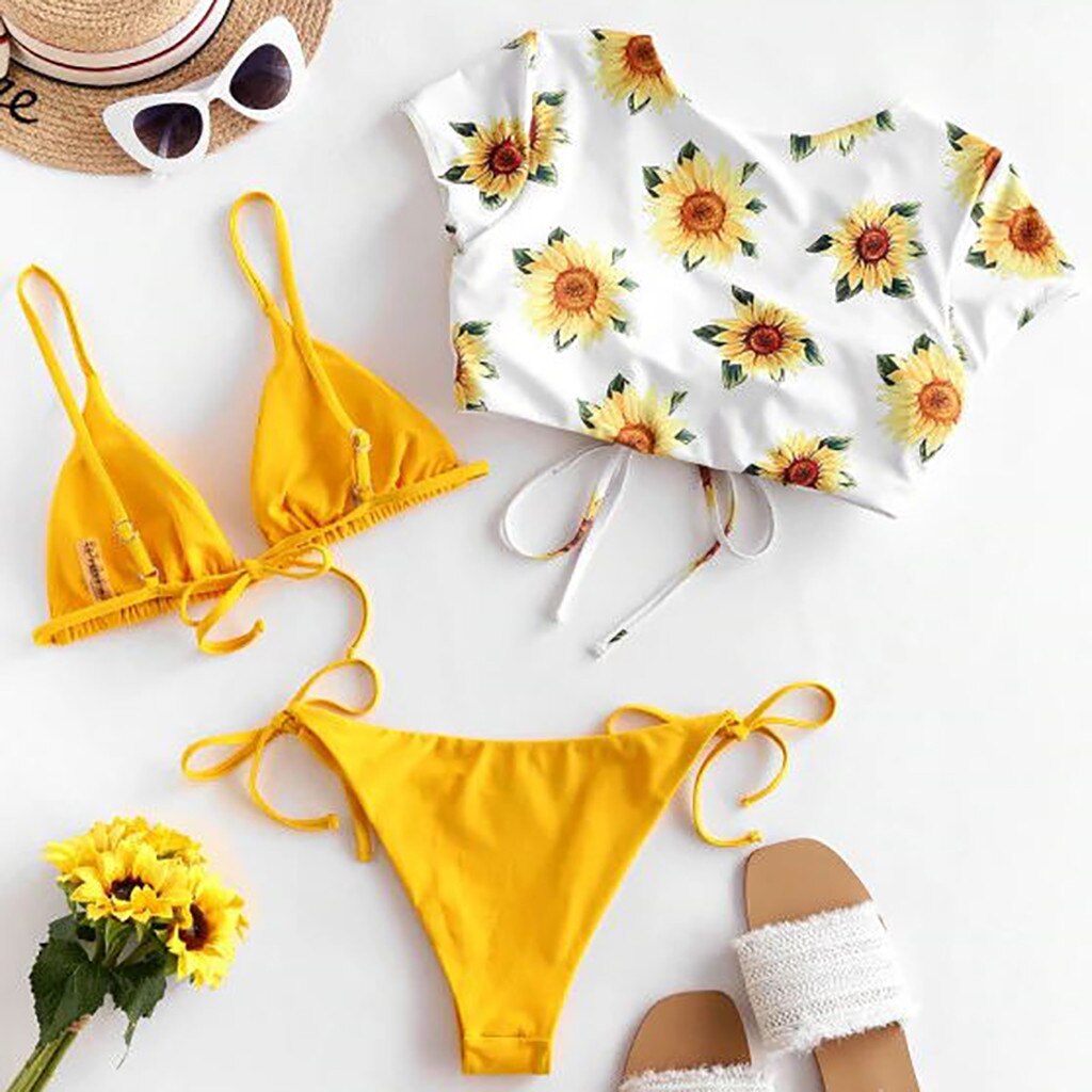 Newest Bathing Suit Women's Biquini Sunflower Print Lengerie Three Split Underwears Push Up Padded Intimates Traje de baño