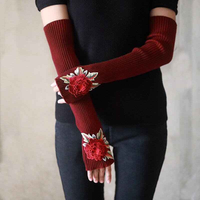 Wonens Embroidery Gloves Punk Womens Long Winter Fingerless Gloves Womens Long Winter Fingerless Gloves