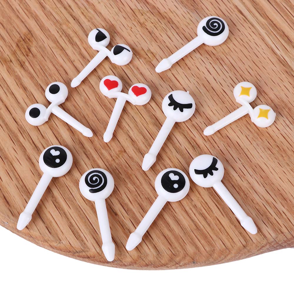 Tenedor de fruta con ojos bonitos para niños, palillo de fruta de plástico, Bento, almuerzo, aperitivo, pastel, postre, comida, palillo de dientes, vajilla de cocina, decoración, 10 unids/paquete
