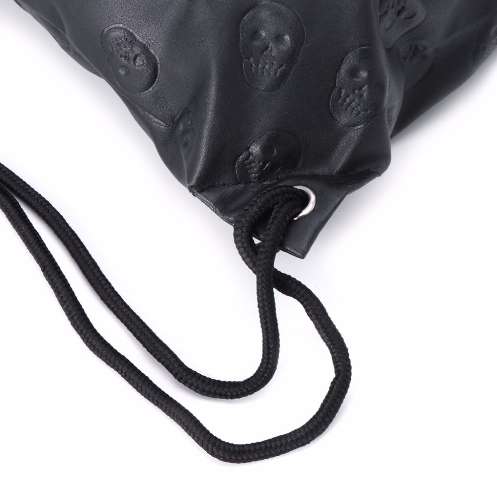 THINKTHENDO Skull Drawstring Backpack Travel Women Backpacks Shoulder Bag Unisex Black Leather Bags Casual