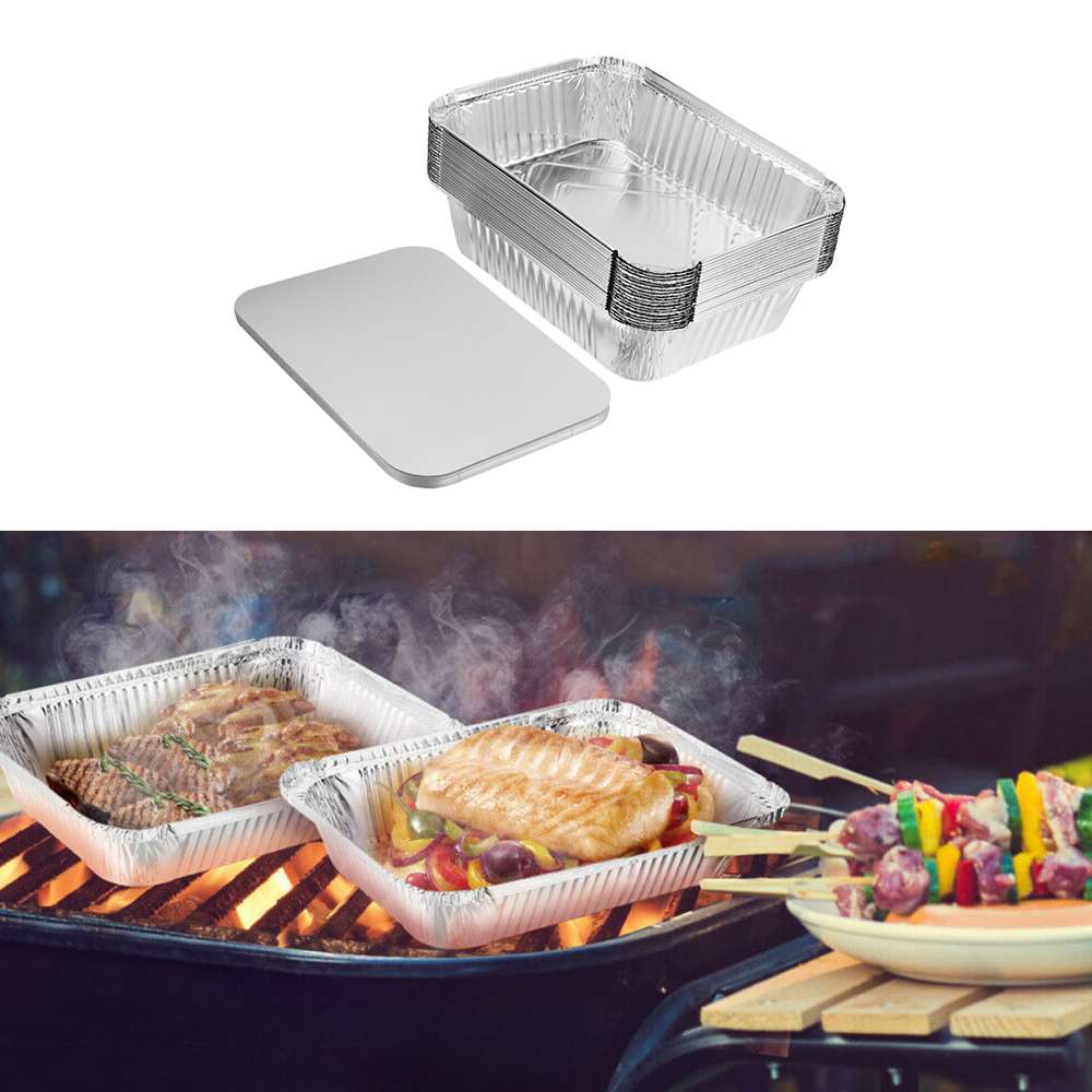 50 st 630ml engångsgrill med droppformar bricka aluminiumfolie matlåda fettfångare kastruller med lock