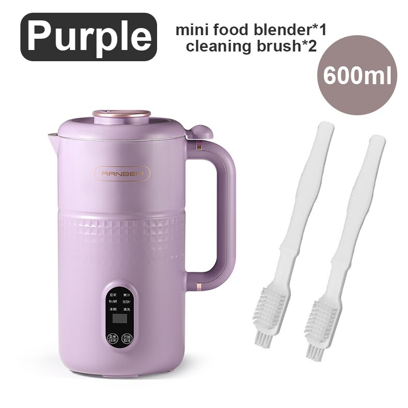 600ml Household Mini Food Blender Soymilk Maker 304 Stainless Steel Multifunction Automatic Heating Food Mixer For Home 220V: Purple / EU plug