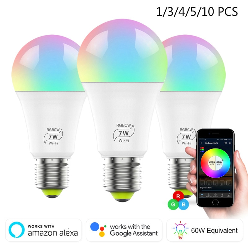 1/4/5/10PC 7W Smart WiFi Light Bulb RGB Magic Light Bulb Lamp Wake-Up Lights Compatible with Alexa and Google Assistant