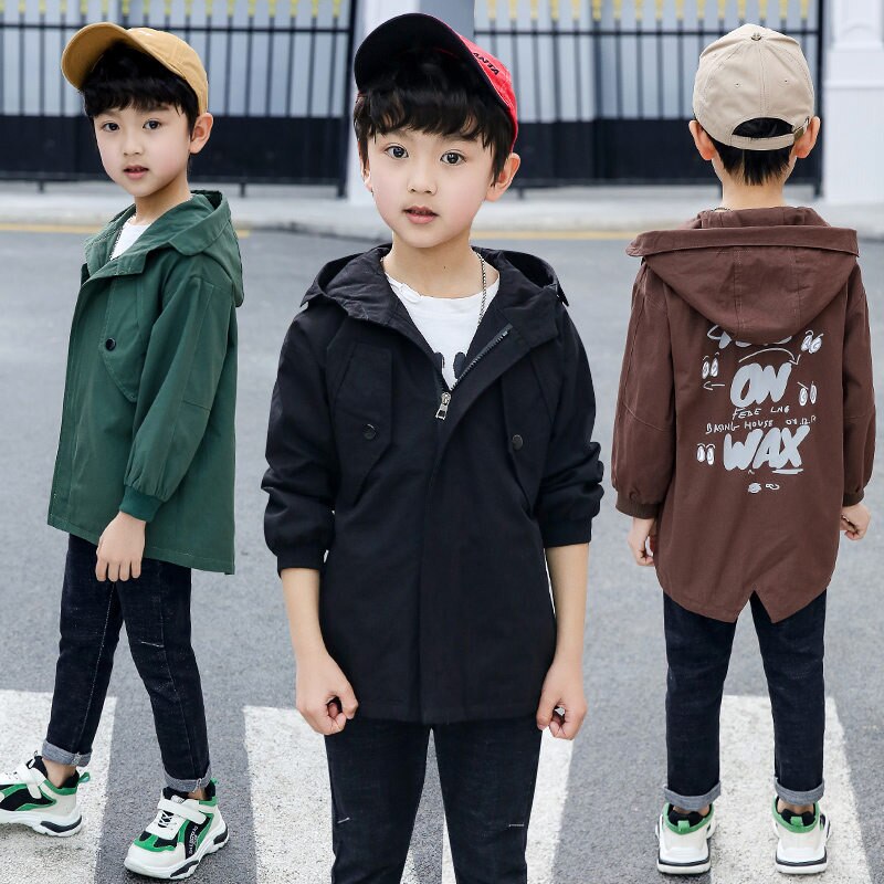 Long modèle décontracté garçons à capuche Trench Coat enfant 4-13 ans automne printemps garçons lettre Trench veste d'extérieur