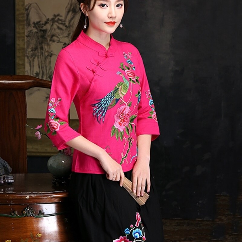 Lange Hemd Weiblichen Bestickte Bluse Tunika Kimono Strickjacke orientalisch Chinesischen Stil Shirt Sommer Spitzen für Frauen: 1 / 4XL