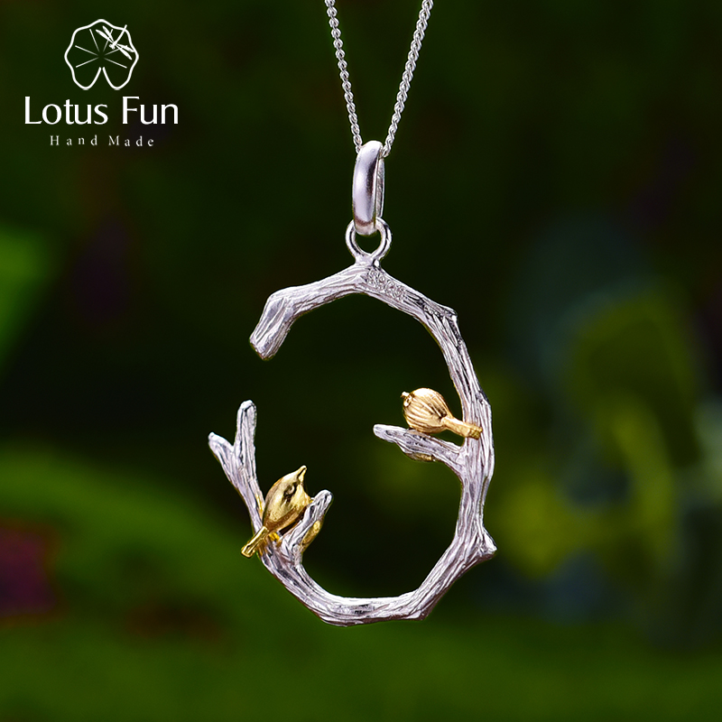 Lotus Plezier Echte 925 Sterling Zilver Natuurlijke Originele Fijne Sieraden 18K Gouden Vogel Op Tak Hanger Zonder Ketting Voor vrouwen