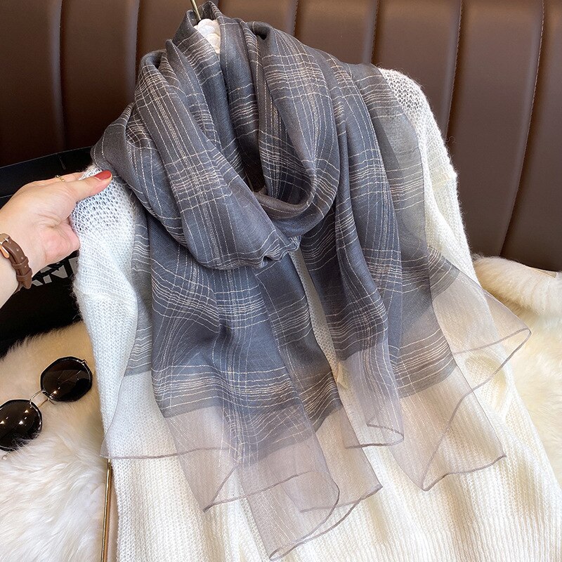 Autumn And Winter Silk Scarf Women's Temperament Gold Long Shawl Dual-Purpose Silk Scarf: Black1