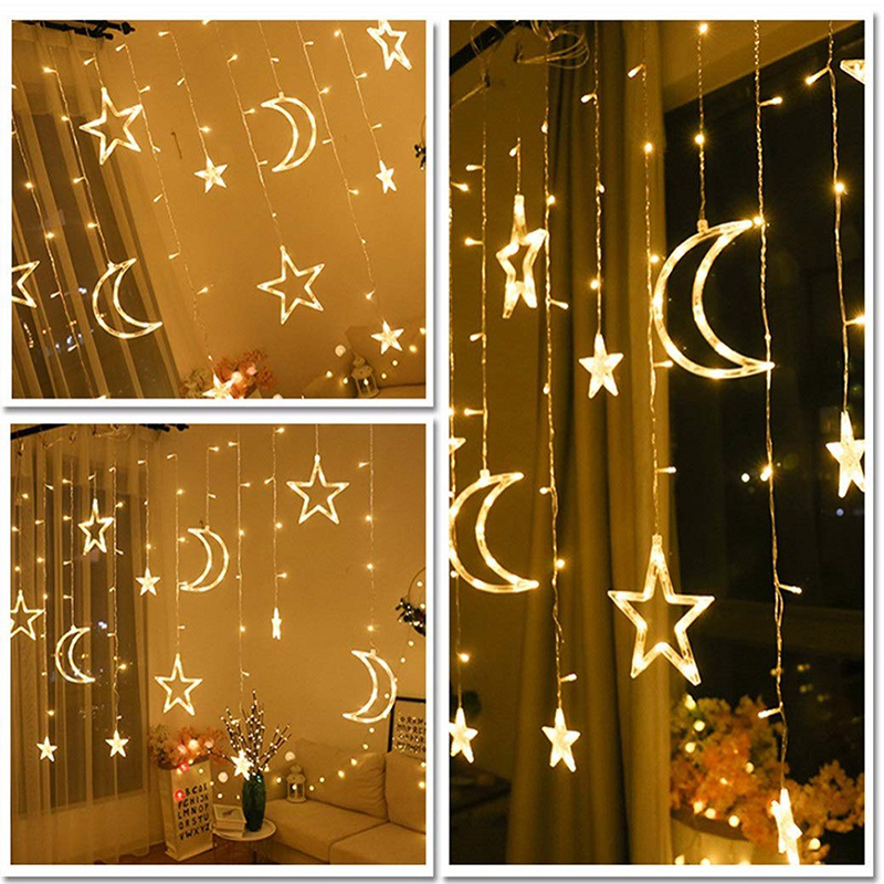 Cortina de luces LED de luna y estrella, guirnaldas navideñas de hadas con enchufe europeo de 220V, decoración al aire libre, Festival de vacaciones, cadena de luces parpadeantes