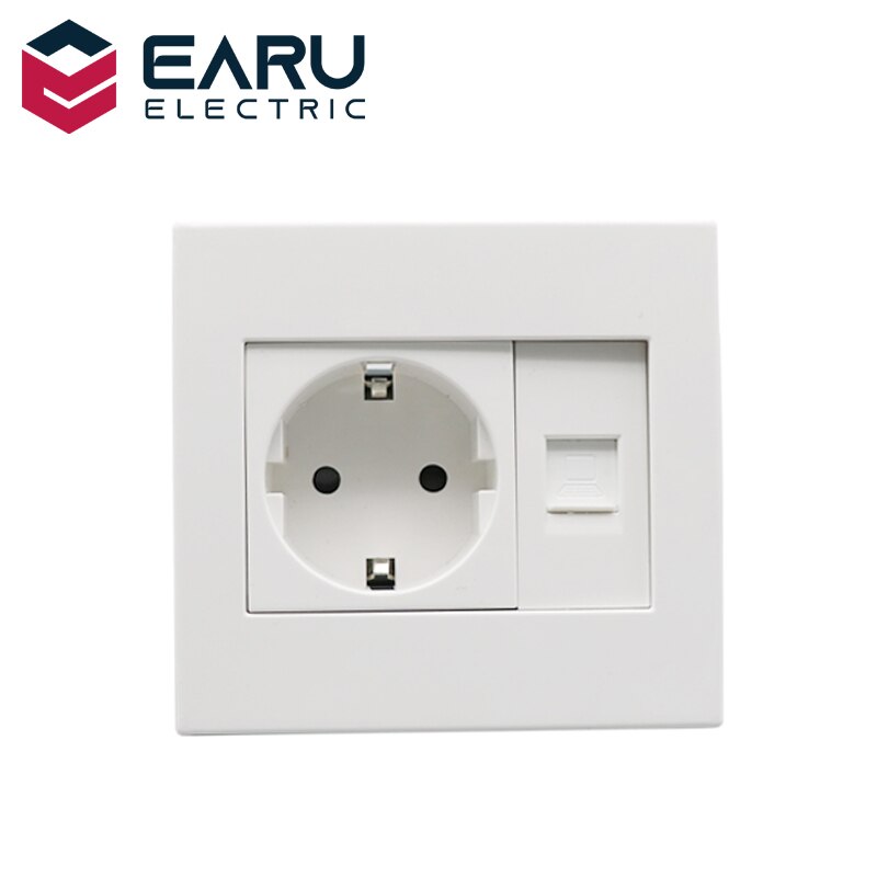 EU 16A Wall Socket Switch 1 Gang with CAT6 T568A/B Internet Computer Data Connector 250V PC Panel White Color Modular 86*92mm