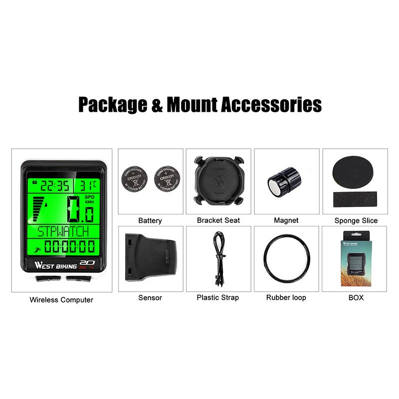 Bicycle Computer Waterproof Odometer 5 Language Digital LCD Wireless Odometer Stopwatch Speedometer 2.1 inch