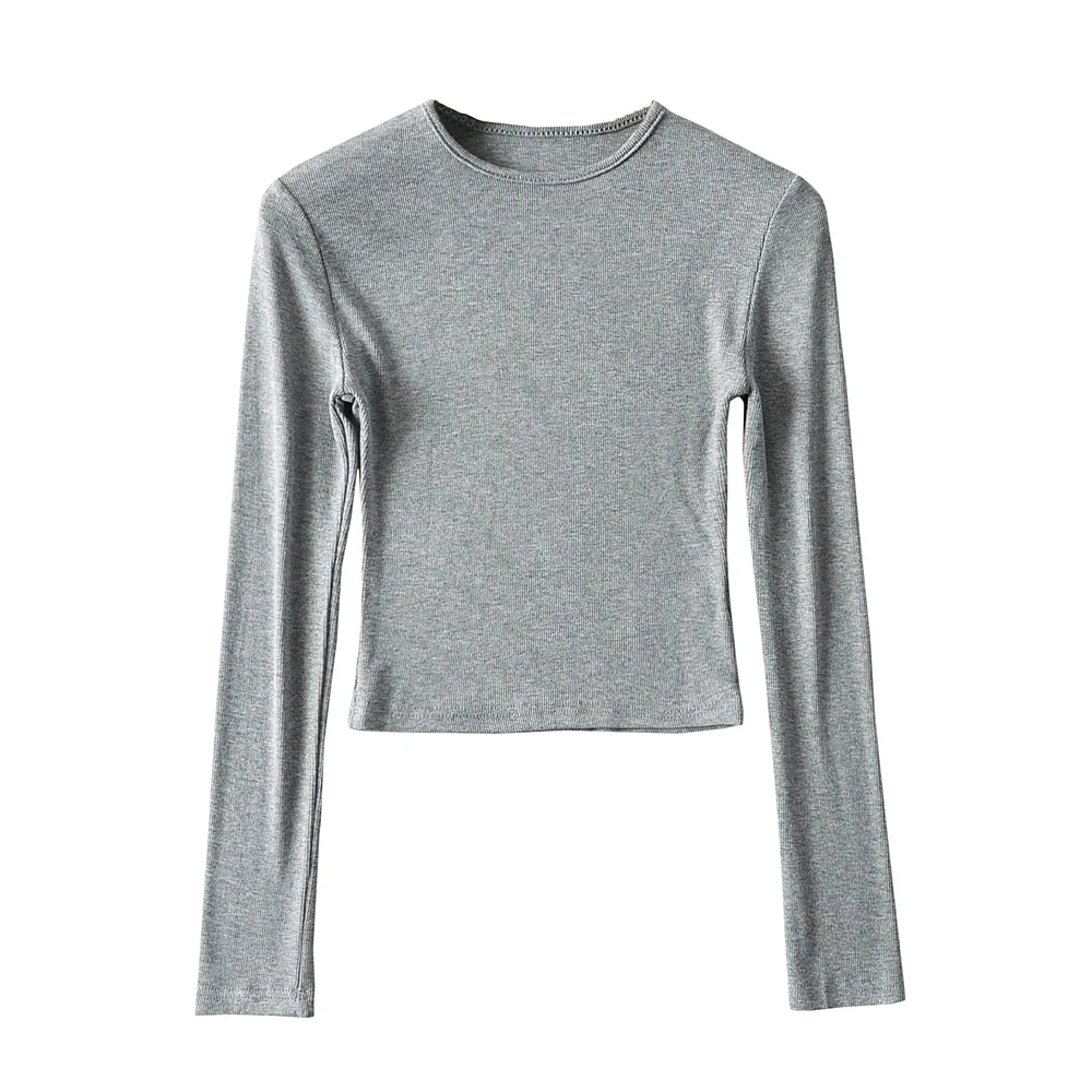 O-hals ensfarvede kvinder langærmede korte toppe sexet pullover bundbluser t-shirt crop top: S / Grå