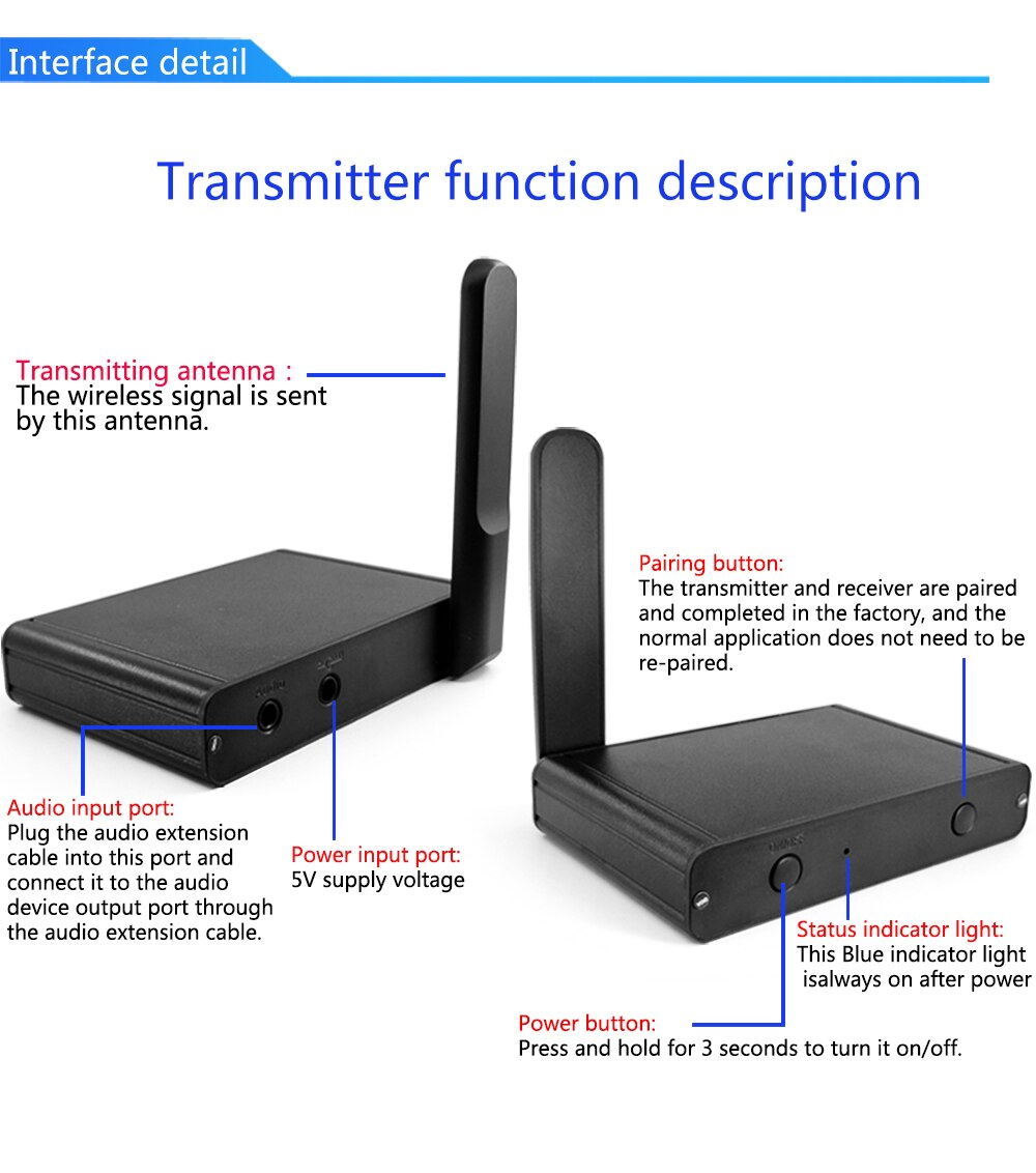 Uhf hifi digital trådløs lyd sender/mottaker adapter trådløs musikk lyd avsender mottaker med 3.5mm rca lydkabel