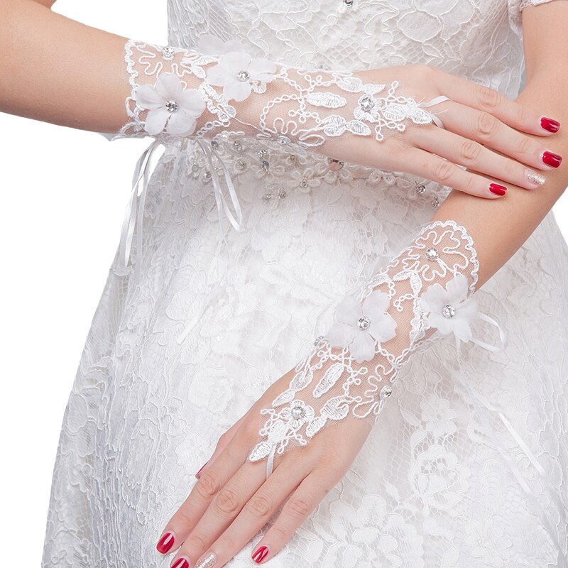 Guantes de novia cortos de encaje sin dedos para novia, accesorios de boda, bordados, con abalorios blancos, a la