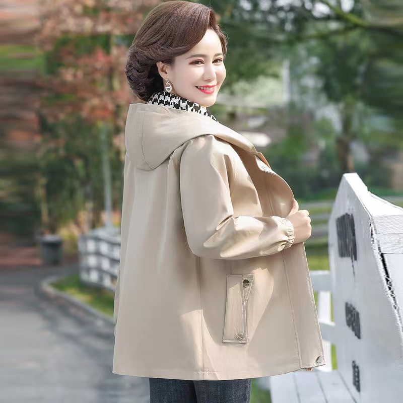 Middle-aged Elderly Women Jacket Spring Hooded Zipper Overcoat Autumn Coats Outerwear Mother Clothes Female Windbreakers 5XL