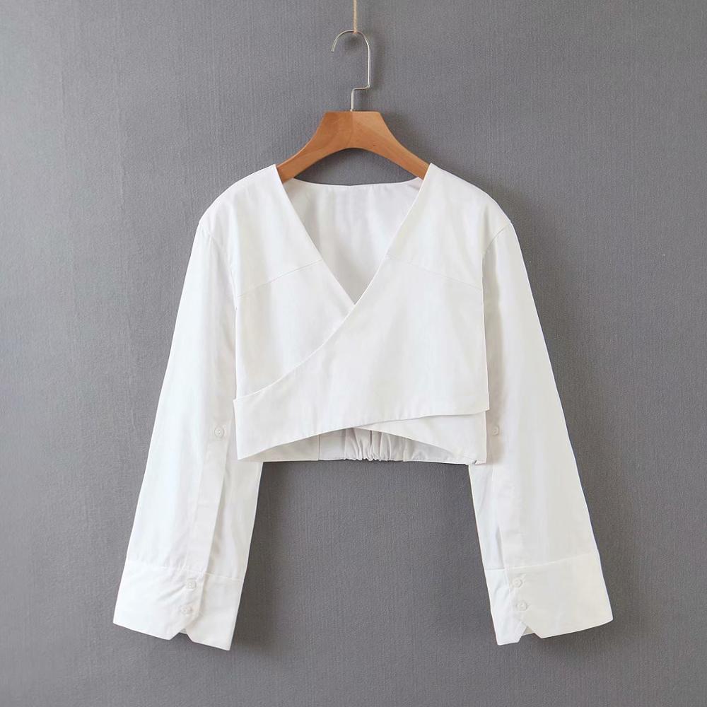 Blusa corta informal para mujer, color blanco, con cuello de pico cruzado, blusa de manga larga para mujer, camisas sin espalda, tops crop LS6541,: XS