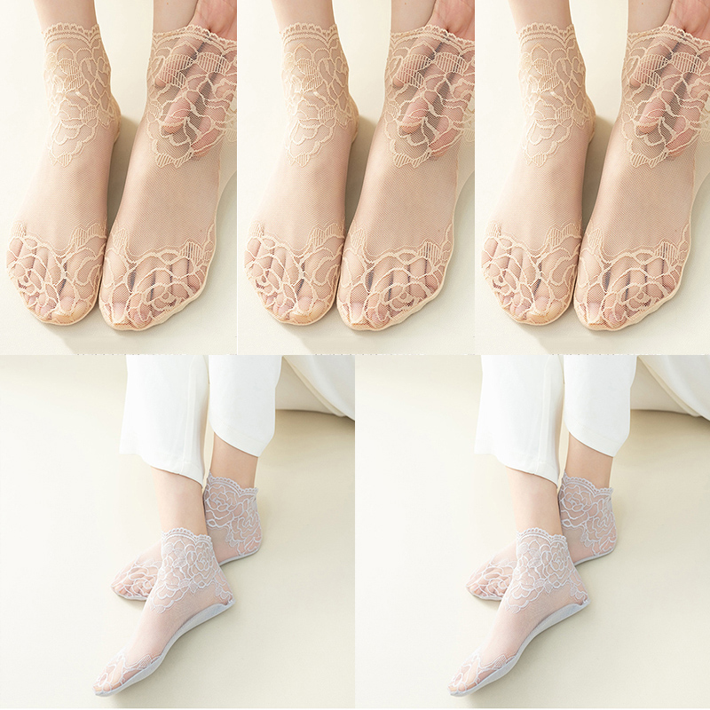 calcetines mujer calcetines tobilleros mujer calcetines invisibles mujer verano Lolita-Calcetines invisibles de encaje para mujer, medias finas, transparentes, antideslizantes y poco profundas, lote de 5 pares: Caqui