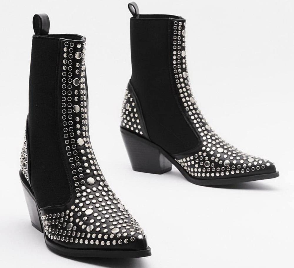 Botines de mujer con remaches cuadrados de estilo británico, botas de decoración estilo vaquero occidental con punta puntiaguda, tachuelas para Otoño e Invierno