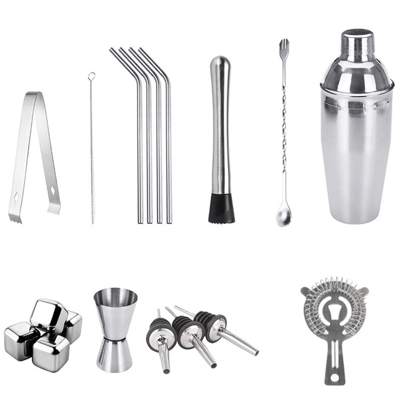 Cocktail Set, 18 Pcs Cocktail Maken Set, rvs Barman Kit Met 750Ml Boston Cocktail Shaker Voor Party, Bar: Default Title