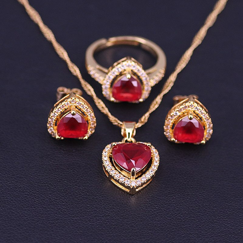 Pretty Style Gold Color Hear Square Jewelry For Women Adjustable Ring Stud Earrings Necklace Bridal Jewelry Set With Pendant: red corundum