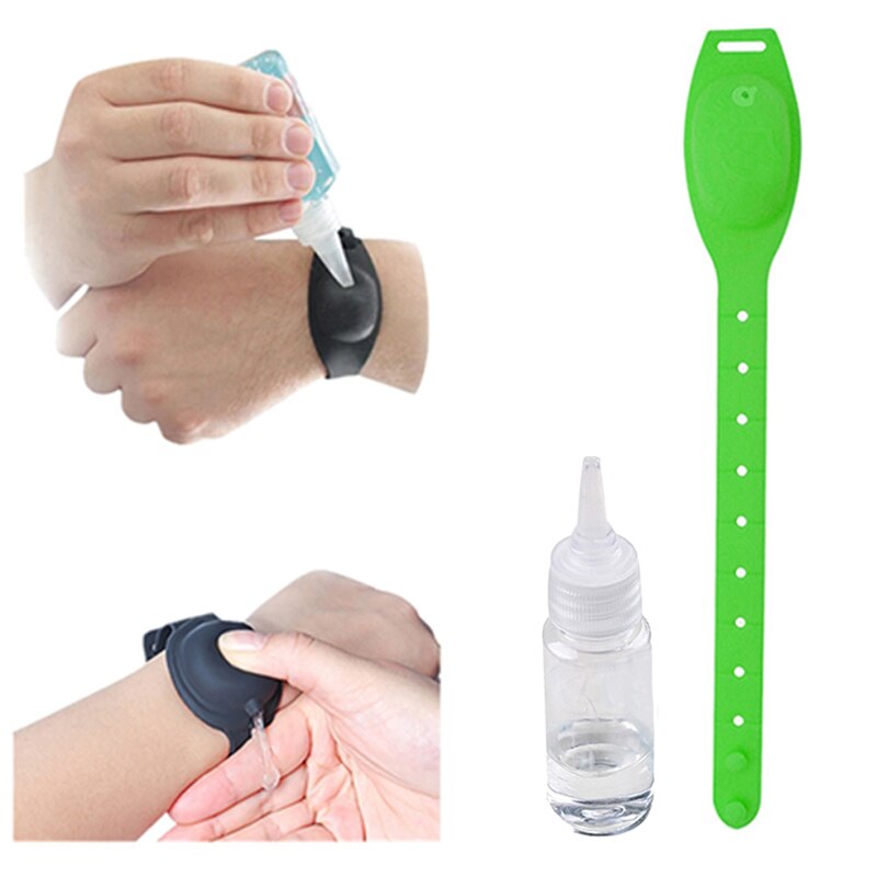 1Set Reusable Wristbands Hand Sanitizer Dispensing Portable Bracelet Liquid Wristband Hand Dispenser Wrist Support with A Bottle: Green