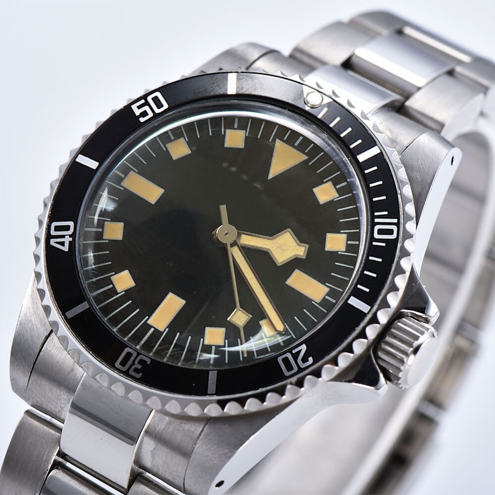Antike uhr Automatische Mechanische 1960 retro Uhr herren 40mm schwarz steril Zifferblatt schwarz Aluminium Blatt Lünette Leucht F22