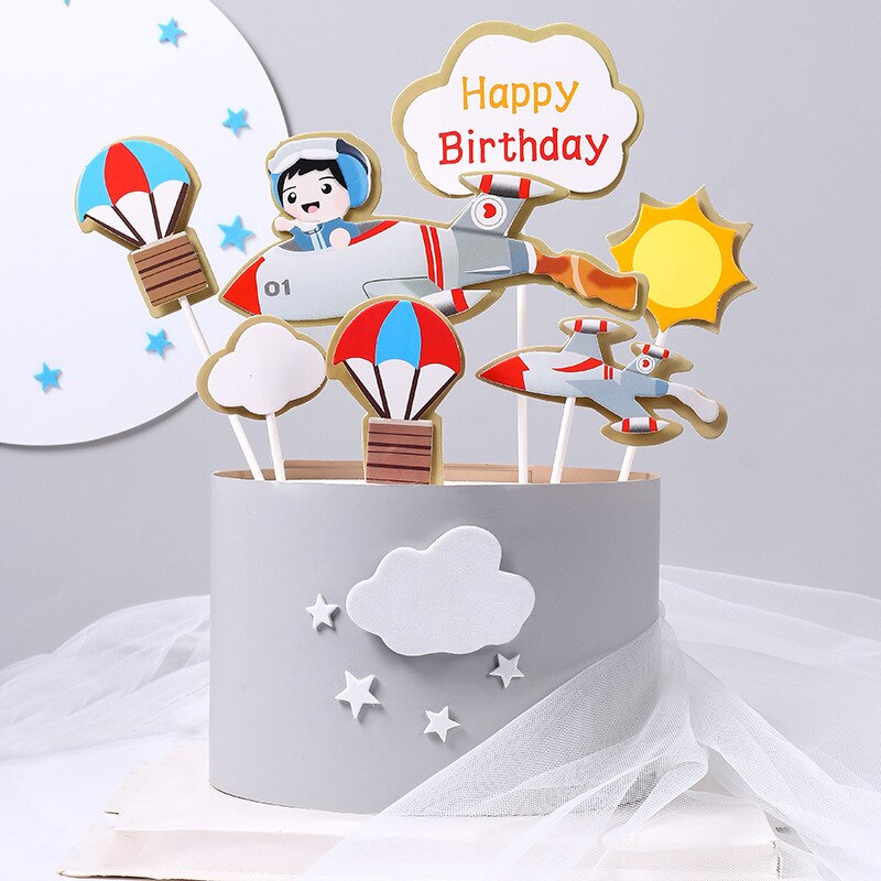 Garniture de gâteau d'anniversaire, décoration d'arbre de voiture, nuage, pilote d'avion, drapeau de fête, fournitures de pâtisserie, garniture de Cupcake, réception pour bébé