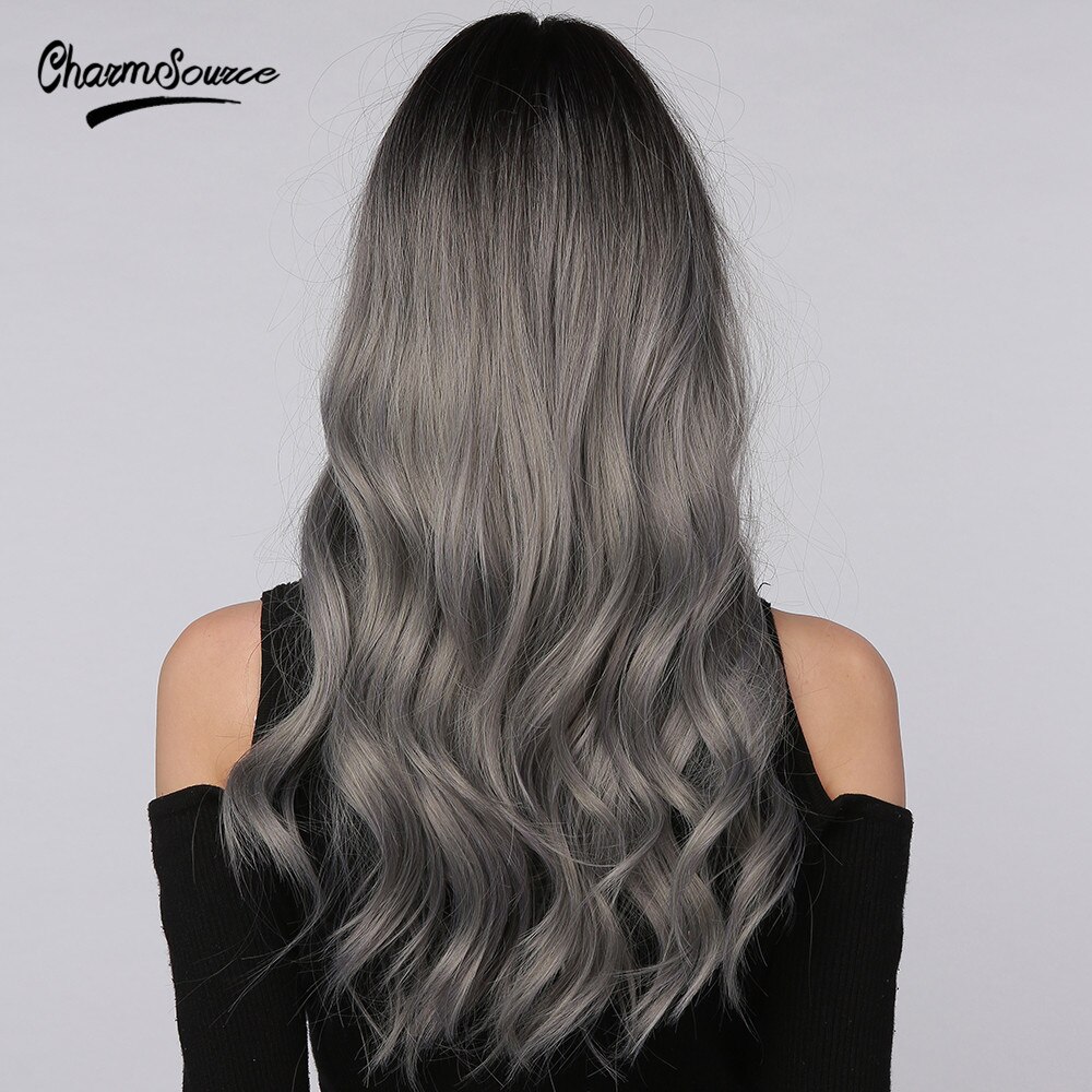 CharmSource-pelucas postizas onduladas con flequillo sintéticas para mujer, color gris, Plata largos, pelo Natural, resistente al calor