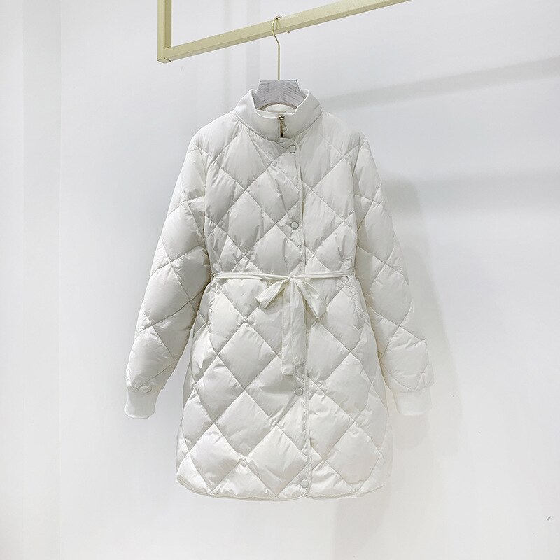 femmes longue doudoune hiver col montant Plaid blanc canard vers le bas manteau femme mince avec Blet Parkas Outwear