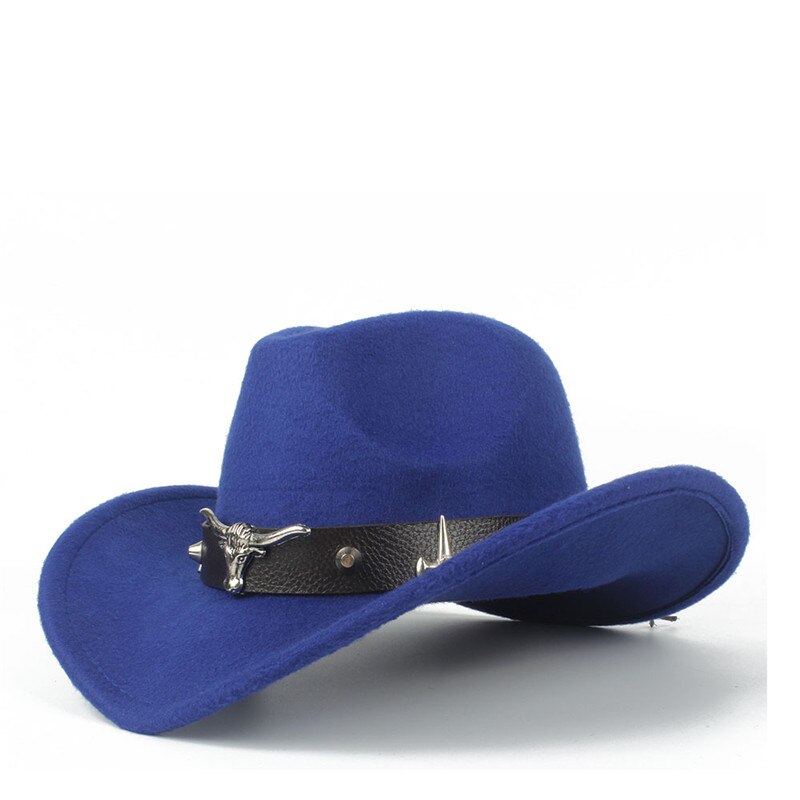 100% Wool Women Men Hollow Western Cowboy Hat With Tauren Belt Winter Outback Jazz Toca Sombrero Cap Size 56-58CM: Blue