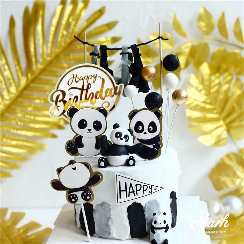 Panda bamboo Cake Topper Happy Birthday Turtle leaf Clay Decoration for Children's Boy Girl Party Supplies Baking Lovely