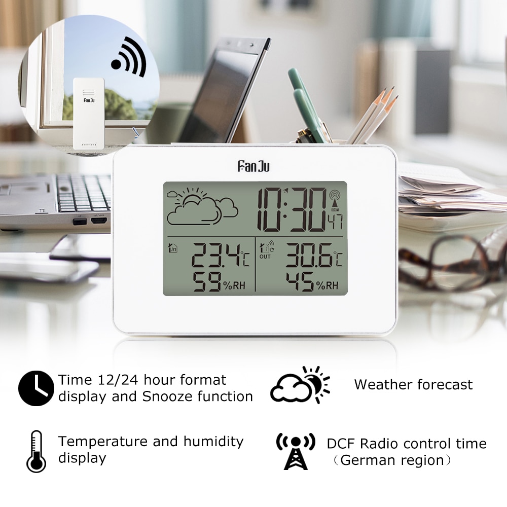 Väckarklocka digital klocka trådlös sensor temperatur fuktighetsprognos snooze bordsklockor väderstation
