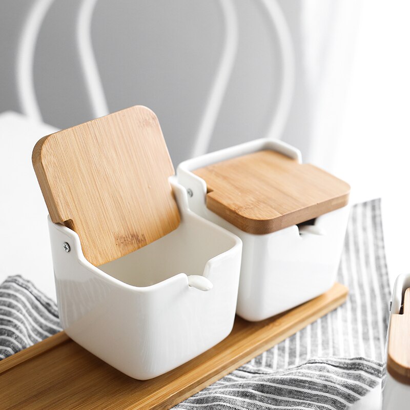 Keramik Salz Container Küche würzen Töpfe Pfeffer Gläser Lagerung Mit Deckel Löffel Porzellan Kasten Bambus Abdeckung Würze Gewürz Gestell